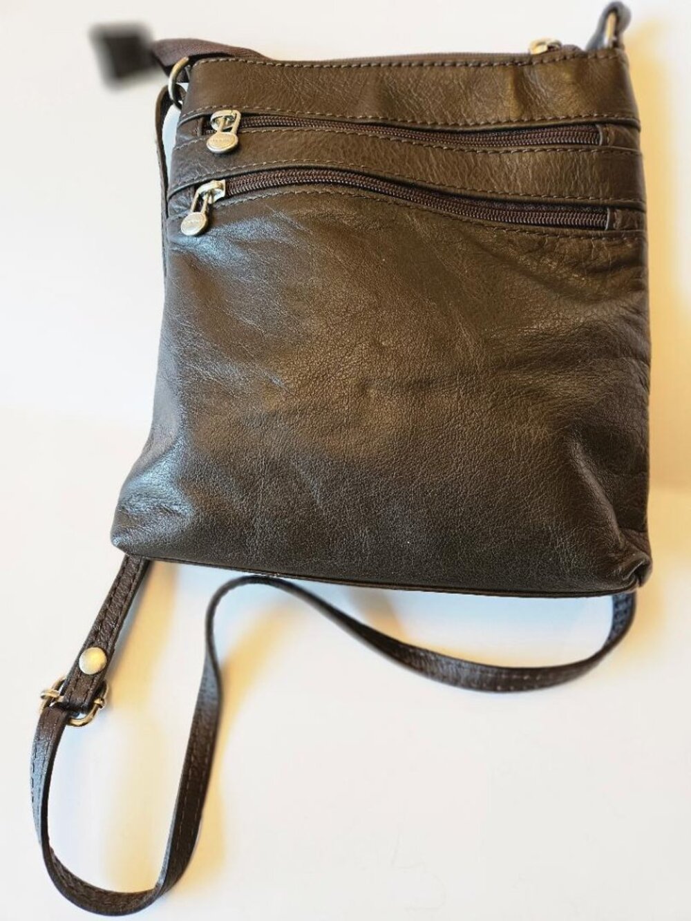 Italian brown crossbody purse, BORSE in PELLE leather, 2 zippered compartments